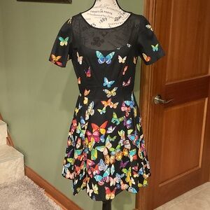 Chic Black Butterfly Print Midi Dress, Size S
